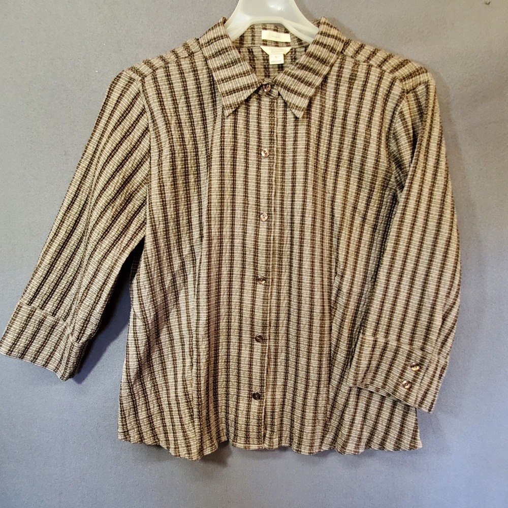 Christopher & Banks Brown Striped Stretch Button Down Shirt 3/4 Sleeve Large
